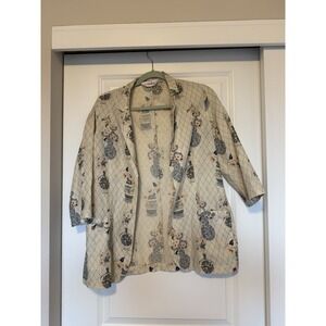 Biba OFF WHITE COTTON BLAZER PRINTED TOP Size 36 Large paisley Kimono Floral